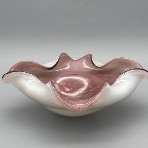 Vintage Murano Style Art Glass Bowl 10 Inch Pink White Aventurine Gold Fleck